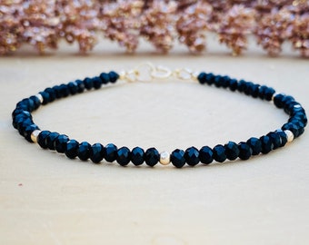 Black Tourmaline Rondelle Bracelet, Sterling Silver or Gold Filled