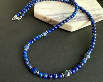 Lapis Lazuli Beaded Necklace for Men: Stainless Steel Gemstone Jewelry