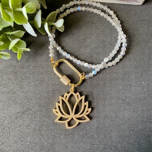 Lotus Flower Necklace Gold Blue Labradorite Beaded Choker Waterlily Charm Necklace, Gift For Her, Girlfriend, CZ Carabiner Layering Necklace