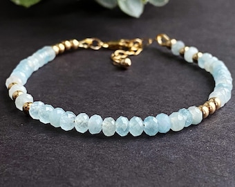 Pulsera de cuentas de aguamarina: delicadamente rellena de oro o plata de ley