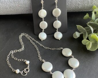Sterling Silber Perlen Schmuck Set: Münze Perlen Halskette und Ohrringe