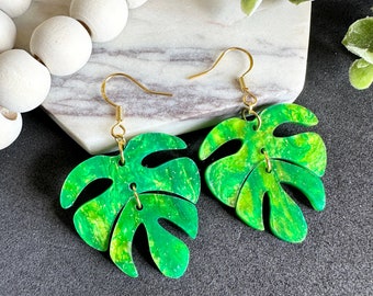 Monstera Leaf Earrings Gold Dangle Leaf Earrings Glitter Green Acrylic Lightweight Earrings Botanical Jewelry Mothers Day Gift for Her, Mom