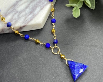 Lapis Lazuli Necklace Gold Beaded Necklace, Pyrite And Lapis Choker,  Blue Triangle Lapis Pendant Necklace Unique Handmade Anniversary Gifts