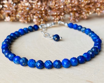 Pulsera de lapislázuli: piedra preciosa azul facetada de 4 mm, plata de ley
