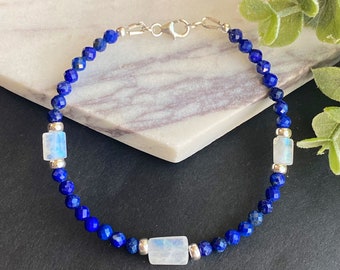 Lapis Lazuli Moonstone Bracelet Beaded, Blue Natural Gemstone Bead Bracelet Minimalist Dainty Handmade Jewelry