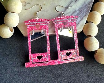 Pink Guillotine Earrings: Glitter Acrylic Gothic Statement Jewelry for Bold Fashionistas