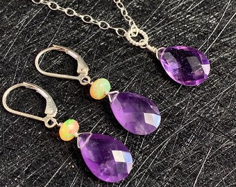 Amethyst Necklace Teardrop Pendant Welo Opal Necklace Gemstone Jewelry Set Purple Crystal Earrings Lever Back February Birthstone Gift idea