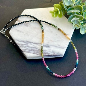 Tourmaline Necklace Silver Gold pink ombre Long Necklace Shaded Multi Tourmaline Jewelry Gemstone Beaded Choker Anniversary Gifts for Mom