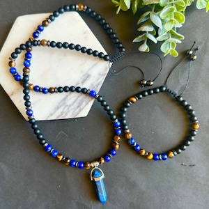 Mens Necklace Pendant Lapis Lazuli Necklace Bead Blue Gemstone Bracelet Set Beaded Long Necklace Protection Necklace Birthday Gift For Him