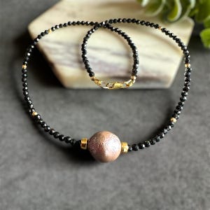 Tahitian Pearl Necklace Black Tourmaline Necklace 14k Gold Gemstone Beaded Choker Dinty Black Necklace Unique Birthday Gift, Christmas Gift