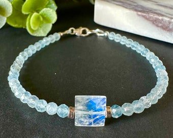 Rainbow Moonstone & Aquamarine Bracelet: Sterling Silver Gemstone Jewelry