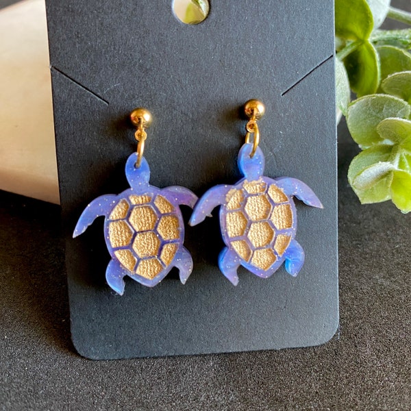 Turtle Earrings Dangle Gold Stud Purple Turtle Studs Turtle Glitter Earrings Sea Turtle Acrylic Earrings Gift for Her, Earrings for Teens