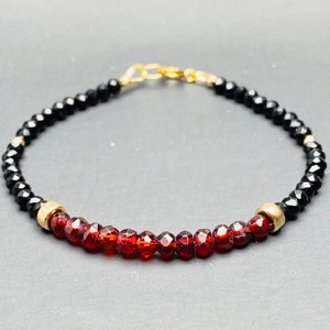 Garnet and Black Tourmaline Bracelet, January Birthstone Gemstone Beaded Bracelet, Red Faceted Crystal Bracelet, Unique Valentine day Gift