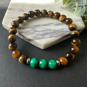 Mens Malachite & Tigers Eye Stretch Bracelet Natural Green Gemstone Healing Crystal Jewelry Brown Beaded Bracelet Birthday Gift For Him, Dad