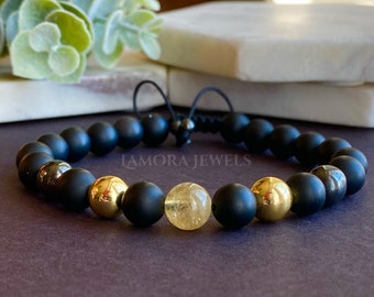 Bracelet citrine et onyx noir : hématite dorée, bijoux réglables en cristal