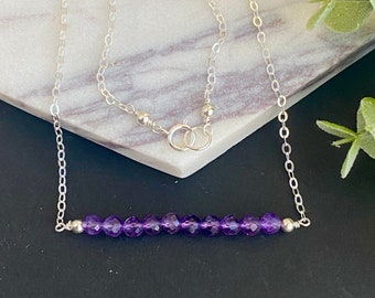 Genuine Amethyst Necklace February Birthstone Purple Gemstone Bar Necklace Faceted Amethyst Sterling Silver Layering Dainty Necklace Choker