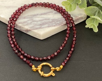 Garnet Choker Necklace Sailor Clasp Red Layering Gemstone Necklace Natural Garnet Beaded Necklace layering January Birthstone Front Lock