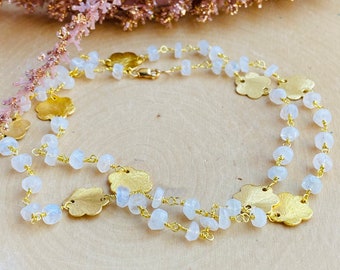 Moonstone Long Layering Beaded Necklace, June Birthstone Rosary Chain Necklace, Gold Flower Station Necklace, Gifts for Mom, Birthday Gift