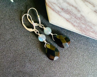 Labradorite and Black Tourmaline Earrings Teardrop Earrings Sterling Silver Lever Back 14k Gold Protection Earrings Mothers Day Gift for Mom