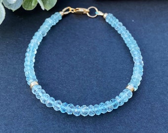 Pulsera de cuentas de aguamarina, chapada en oro de 14 k o plata de ley