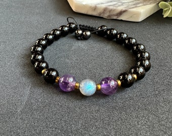 Evil Eye Bracelet, Emapth Protection Bracelet Negative Energy Bracelet Labradorite, Amethyst & Black Tourmaline Adjustable Crystal Bracelet