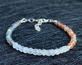 Labradorite Moonstone Sunstone Bracelet, Beaded Bracelet Gemstone Bead Bracelet  Sterling Silver Dainty Bracelet Birthday Gift For Her