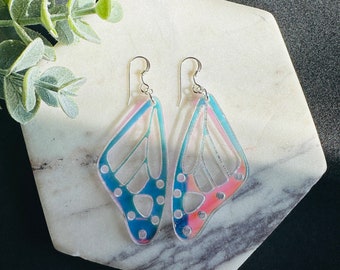 Butterfly Wing Earrings Iridescent Acrylic Earrings Silver Lever Back Dangle Holographic Summer Earrings Lightweight Gift For Mom, Sister