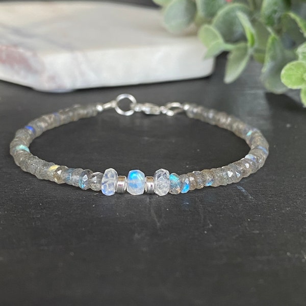 Labradorite Moonstone Bracelet, Dainty Labradorite Beaded Bracelet, Blue Moonstone Bead Bracelet, Gemstone Bracelet Anniversary Gift for Mom