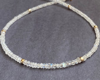 Moonstone Necklace Gold Minimalist Beaded Necklace for Women, blue flashy Moonstone Choker, White Moonstone Jewelry, June Birthstone Gift