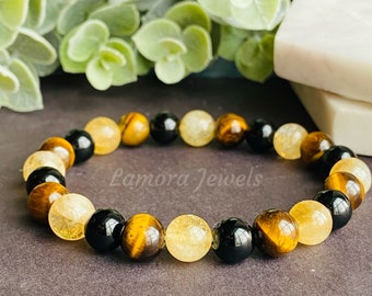 Citrine Bracelet Tiger eye Bracelet Black Tourmaline bead Bracelet Yellow Crystal Healing Bracelet Gemstone Beaded Bracelet Gift For him her