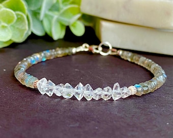 Herkimer Diamond Bracelet, April Birthstone, Blue Labradorite Beaded Bracelet, Dainty Layering Gemstone Bracelet, Birthday Gift for Women