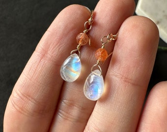 Moonstone Sunstone Earrings Gold Dangle Earrings Solar Eclipse Jewelry Orange Gemstone Crystal Earrings Rainbow Moonstone Handmade Gift