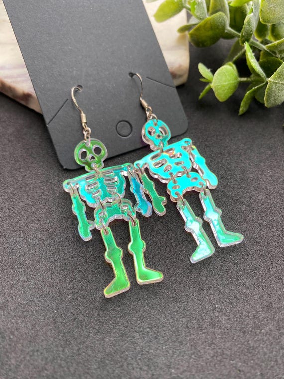 Iridescent Skeleton Earrings, Holographic Acrylic Dangle Earrings, Gothic Halloween Jewelry, Spooky Skeleton Earrings, Statement Earrings