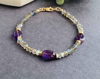 Amethyst Bracelet February Birthstone Crystal Bracelet Labradorite Gold Beaded Gemstone Bracelet Handmade Jewelry Birthday Gift For Women