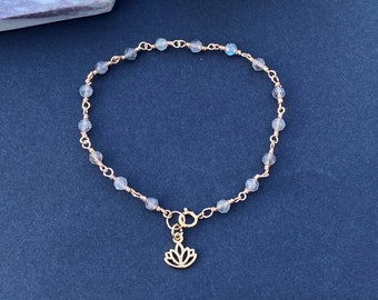 Gemstone Bracelet, Labradorite Beaded Bracelet, Blue Natural Stone Bracelet, Lotus Flower Charm, Wire Wrapped Bracelet Birthday Gift for Her