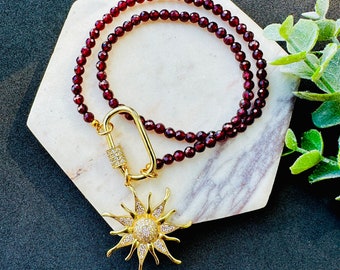 Garnet Necklace Charm Keeper Necklace Burgundy Beaded Choker Oval Carabiner Gold Clasp January Birthstone Necklace Natural Stone Jewelry