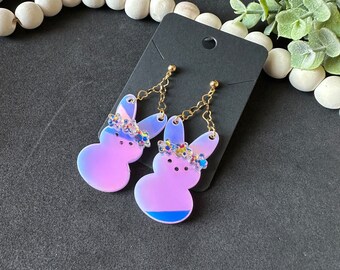 Easter Bunny Earrings Iridescent Acrylic Earrings, Holographic Easter Bunny Earrings Post Bunny Rabbit Earrings Spring Gift for her, mom