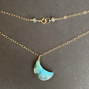 Labradorite Crescent Moon Necklace Labradorite Pendant Necklace Aqua Blue Gemstone Handmade Jewelry 14k Gold, Sterling Silver Christmas Gift