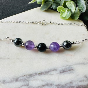 Black Tourmaline Necklace Strong Healing Crystal Necklace Purple Amethyst and Hematite, Protection Negative Energy Grounding Release Stress