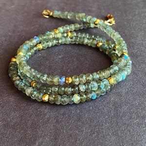 Labradorite Necklace, Long Beaded Labradorite Jewelry, Gold Faceted Rondelle Bead Labradorite Choker, Layering Necklace Best Gift for Friend