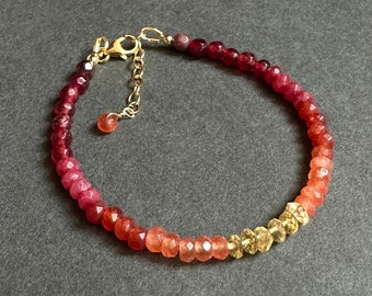 Garnet Carnelian Beaded Gemstone Gold Bracelet, Layering ombré Orange Bracelet Gemstone crystal Bracelet Dainty Stacking Minimalist Bracelet