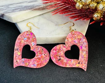 Holographic Heart Earrings, Glitter Pink Iridescent Acrylic, Valentine's Gift