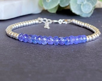 Tanzanite Beaded Bracelet, Sterling Silver, December Birthstone