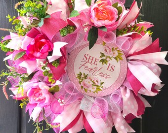 Pink She Is Fearless Wreath | Mother's Day Wreath | Breast Cancer Survivor | Door Hanger