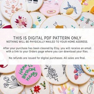 K&ouml;nnte beinhalten: Eine Sammlung von bestickten Reifen mit verschiedenen Designs, darunter Blumen, Fr&uuml;chte und Feiertagsmotive. Der Text auf dem Bild lautet: &bdquo;THIS IS DIGITAL PDF PATTERN ONLY&ldquo;. Das Bild zeigt eine Vielzahl farbenfroher Stickmuster, ideal f&uuml;r Bastelbegeisterte.
