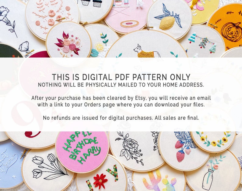 K&ouml;nnte beinhalten: Eine Sammlung von bestickten Reifen mit verschiedenen Designs, darunter Blumen, Fr&uuml;chte und Feiertagsmotive. Der Text auf dem Bild lautet: &bdquo;THIS IS DIGITAL PDF PATTERN ONLY&ldquo;. Das Bild zeigt eine Vielzahl farbenfroher Stickmuster, ideal f&uuml;r Bastelbegeisterte.