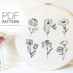 PDF EMBROIDERY PATTERN ⨯ Monochrome Florals |  Floral hand embroidery pattern - easy beginner embroidery pattern - botanical embroidery art