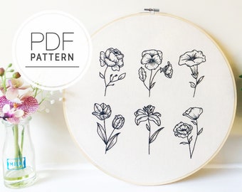 PATRÓN DE BORDADO PDF ⨯ Florales Monocromos / Patrón de bordado a mano floral - patrón de bordado fácil para principiantes - arte de bordado botánico