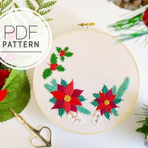 PDF EMBROIDERY PATTERN ⨯ Poinsettia Wreath | Hand embroidery Christmas wreath and Holly pdf pattern - Floral Christmas diy crafts and decor