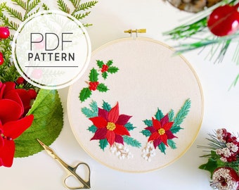 PATRÓN DE BORDADO PDF ⨯ Corona de Nochebuena / Corona navideña bordada a mano y patrón pdf Acebo - Manualidades y decoración florales navideñas